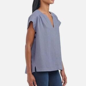 💙 Splendid Oversized Blue Linen Top • V-Neck • Gathered Shoulders • Small